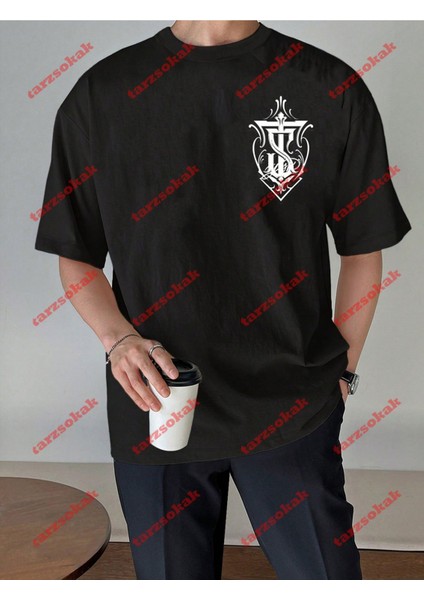 Lisanslı Amblem Baskılı Oversize Yıkamalı Tshirt Siyah