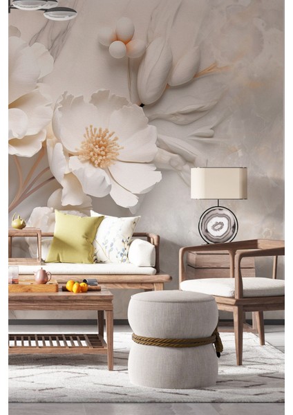 3D Beyaz Çiçek Desenli Zarif Dijital Baskılı Duvar Kağıdı-Yırtılmaz Silinebilir Duvar Kağıdı