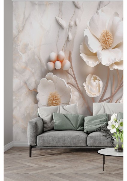 3D Beyaz Çiçek Desenli Zarif Dijital Baskılı Duvar Kağıdı-Yırtılmaz Silinebilir Duvar Kağıdı modelleri
