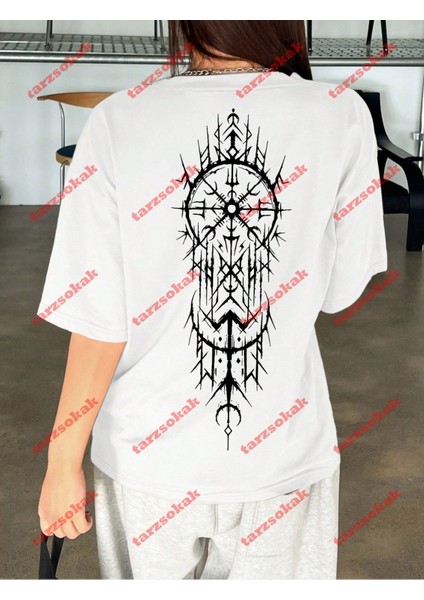 Geometrik Desen Baskılı Oversize Unisex Yıkamalı Tshirt Beyaz modelleri