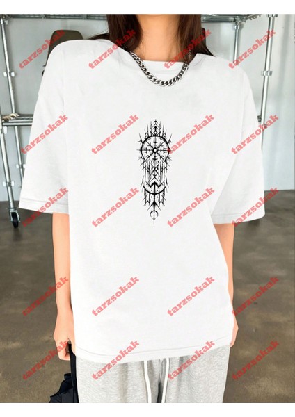 Geometrik Desen Baskılı Oversize Unisex Yıkamalı Tshirt Beyaz fırsatları