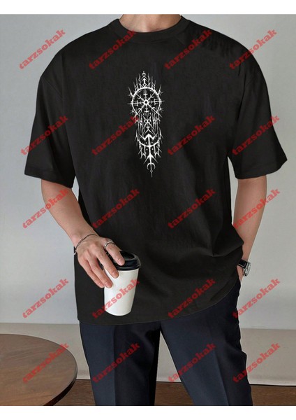Geometrik Desen Baskılı Oversize Yıkamalı Tshirt Siyah