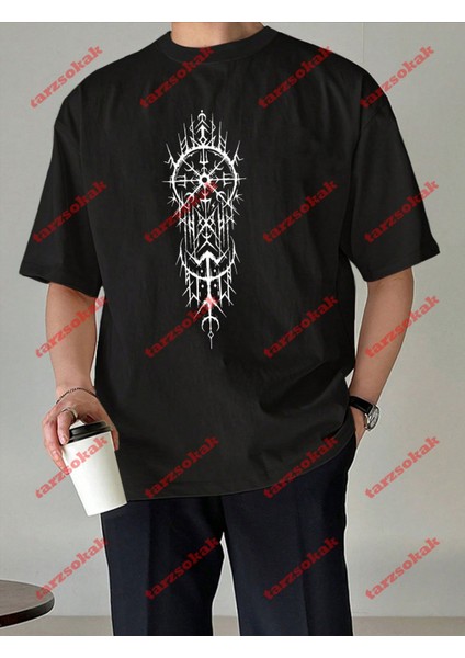 Geometrik Desen Baskılı Oversize Yıkamalı Tshirt Siyah modelleri