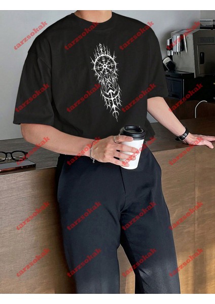 Geometrik Desen Baskılı Oversize Yıkamalı Tshirt Siyah fırsatları