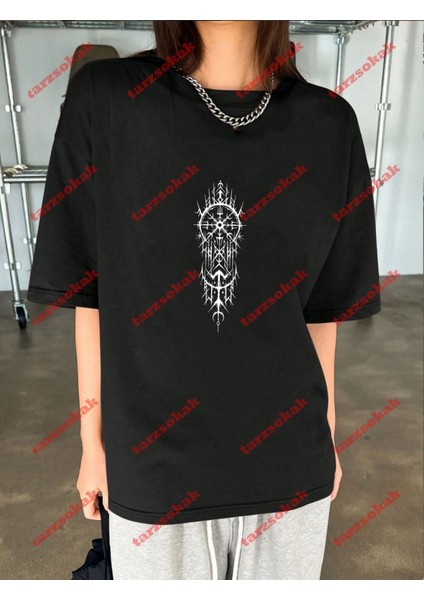 Geometrik Desen Baskılı Oversize Yıkamalı Tshirt Siyah indirimleri