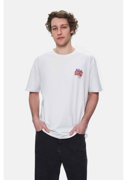 Char Beyaz Bisiklet Yaka Baskılı Oversize Erkek Tshirt