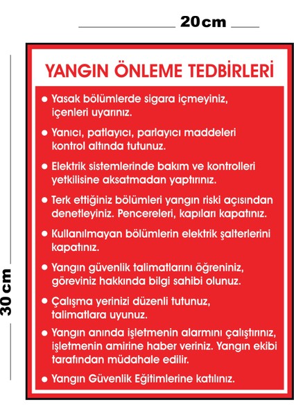 Metal Yangın Önleme Tedbirleri 20CM x 30CM A4 Büyüklüğünde Uyarı Levhası Yönlendirme Tabelası