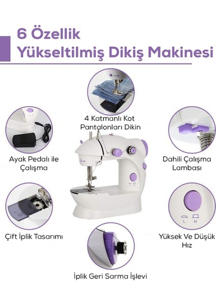 Mini Ev Tipi Pedallı Dikiş Makinesi: Çift Iplik, Uzatma Masası ve Adaptör ile