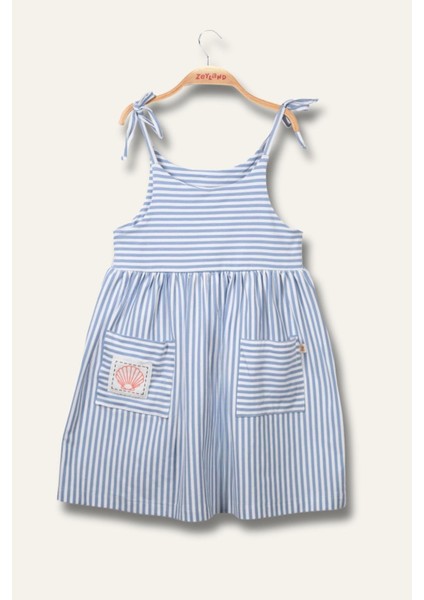 Kız Çocuk Askılı Çizgili Penye Elbise - Mavi Çizgili