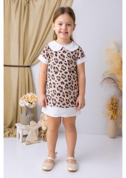 Kız Çocuk Bebe Yaka Leopar Desenli Şifon Elbise - Leopar Desenli