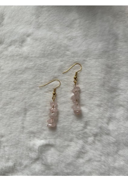 Kırık Pembe Kuvars Taşı Altın Kaplama Sallantı Küpe