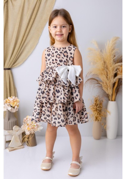 Kız Çocuk Leopar Desen Şifon Elbise - Leopar Desenli