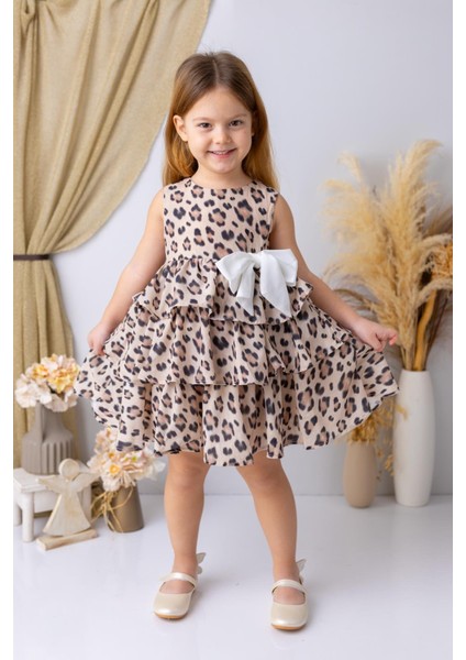 Kız Çocuk Leopar Desen Şifon Elbise - Leopar Desenli
