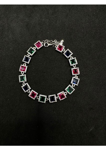 Ithal Yeşil Pembe Mavi Kare Taşlı Gümüş Kadın Bileklik fiyatları