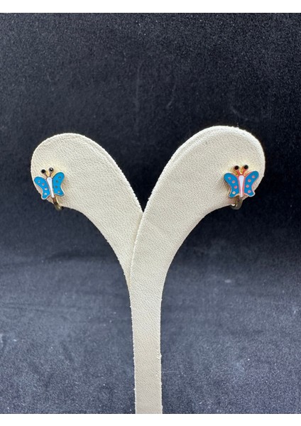 Mavi Mineli Kelebek Gümüş Çocuk Küpesi