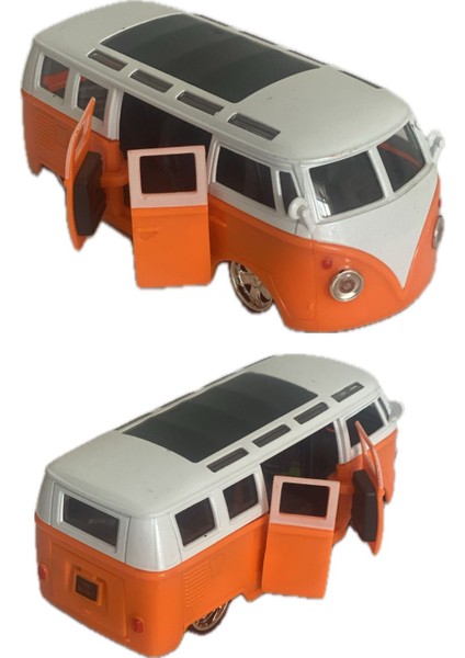 Çek Bırak Vw T2 Minibüs Kapıları ve Bagajı Açılabilen Pilli Işıklı Model Araçlar Pembe-Turuncu