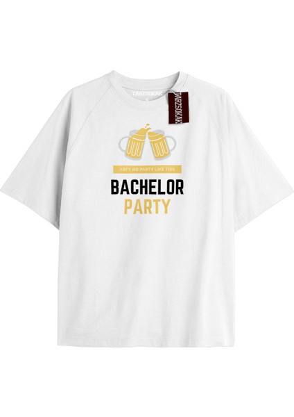 Bachelor Party Oversize Yazılı Tshirt Beyaz