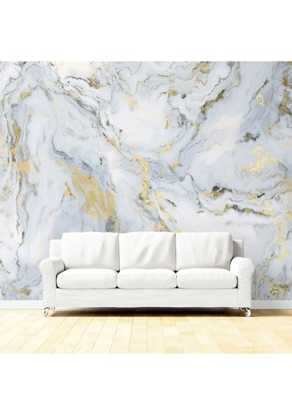 Beyaz-Altın Mermer Desenli Kumaş Duvar Kağıdı - En x Boy - Ev ve Ofis Dekor