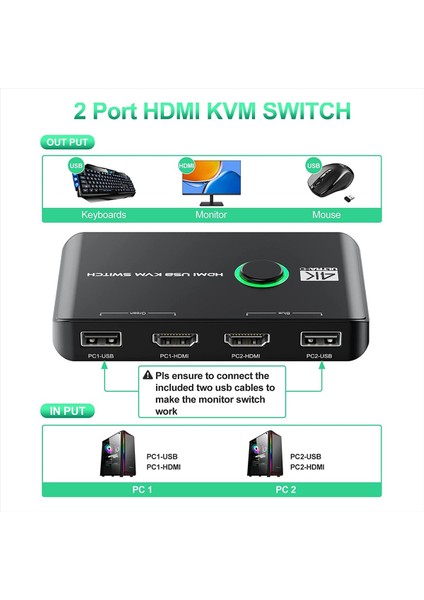 4642 4K HDMI Kvm Switch 2 Port USB 2 Pc Tek Kasa Klavye Mouse Kontrol Çoklayıcı