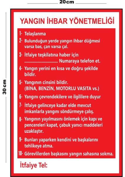 Metal Yangın İhbar Yönetmenliği 20 x 30 cm A4 Büyüklüğünde Uyarı Levhası Yönlendirme Tabelası
