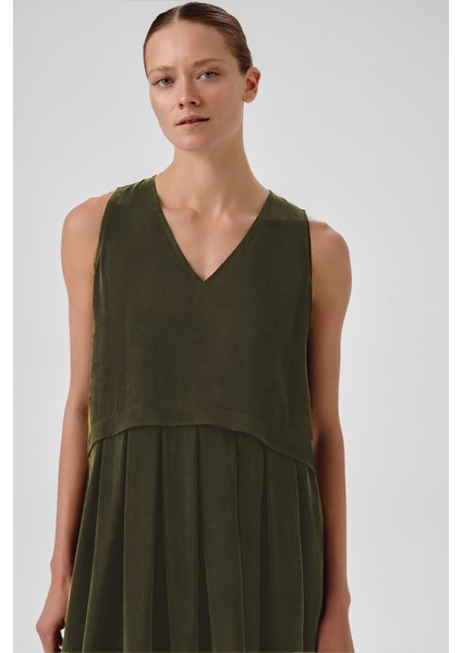 Haki Eteği Pileli Kolsuz Uzun Elbise modelleri