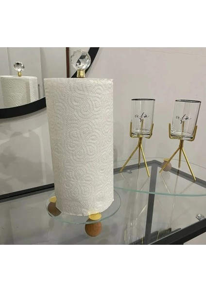 Gold Dekoratif Ahşap Top Ayaklı Kristal Taşlı Cam Kağıt Havluluk