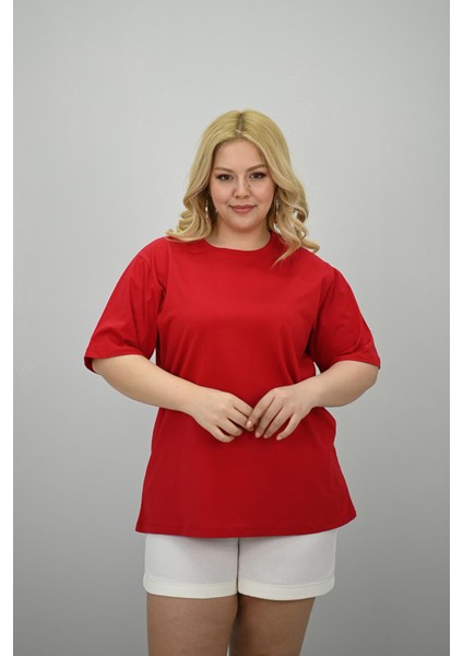Kadın Büyük Beden Kısa Kollu Bisiklet Yaka Oversize T-Shirt 1963-25