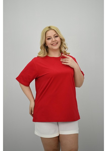 Kadın Büyük Beden Kısa Kollu Bisiklet Yaka Oversize T-Shirt 1963-25 fiyatları