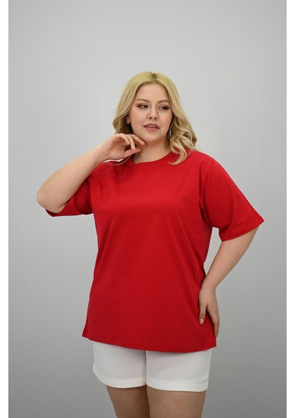 Kadın Büyük Beden Kısa Kollu Bisiklet Yaka Oversize T-Shirt 1963-25 modelleri