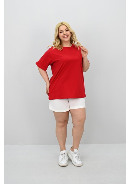Kadın Büyük Beden Kısa Kollu Bisiklet Yaka Oversize T-Shirt 1963-25 fırsatları