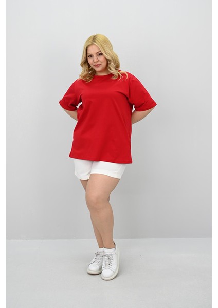 Kadın Büyük Beden Kısa Kollu Bisiklet Yaka Oversize T-Shirt 1963-25 indirimleri