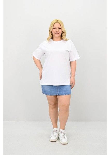 Kadın Büyük Beden Kısa Kollu Bisiklet Yaka Oversize T-Shirt 1963-25 fırsatları