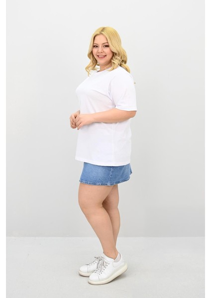 Kadın Büyük Beden Kısa Kollu Bisiklet Yaka Oversize T-Shirt 1963-25 indirimleri