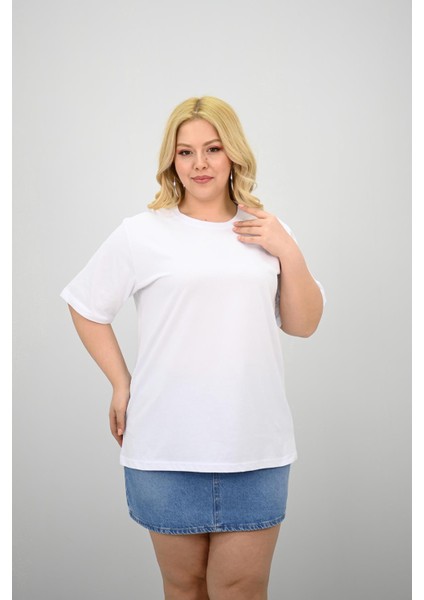 Kadın Büyük Beden Kısa Kollu Bisiklet Yaka Oversize T-Shirt 1963-25