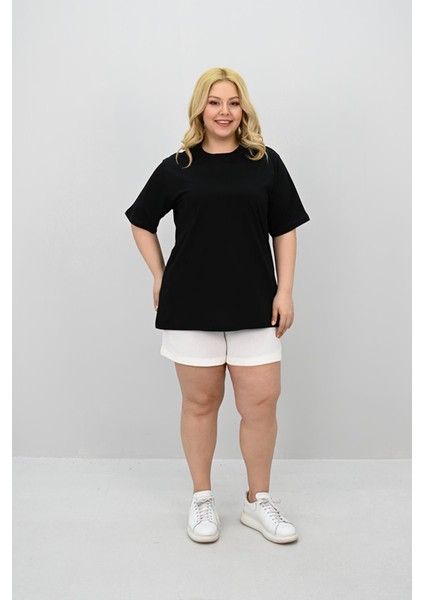 Kadın Büyük Beden Kısa Kollu Bisiklet Yaka Oversize T-Shirt 1963-25 fırsatları