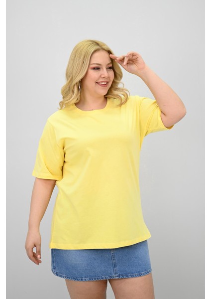 Kadın Büyük Beden Kısa Kollu Bisiklet Yaka Oversize T-Shirt 1963-25 fiyatları