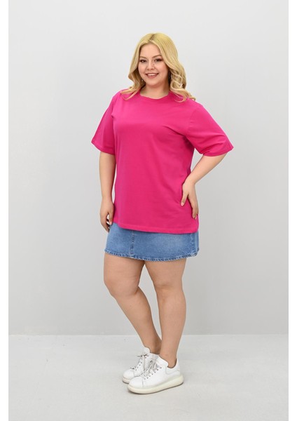 Kadın Büyük Beden Kısa Kollu Bisiklet Yaka Oversize T-Shirt 1963-25 indirimleri