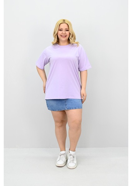 Kadın Büyük Beden Kısa Kollu Bisiklet Yaka Oversize T-Shirt 1963-25 fırsatları