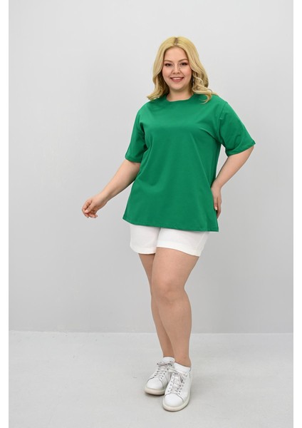 Kadın Büyük Beden Kısa Kollu Bisiklet Yaka Oversize T-Shirt 1963-25 indirimleri