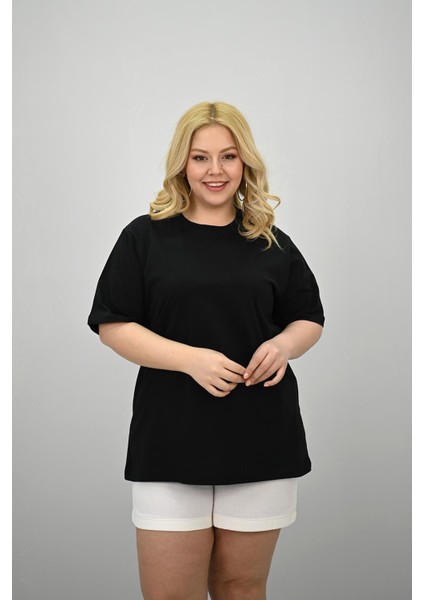 Kadın Büyük Beden Kısa Kollu Bisiklet Yaka Oversize T-Shirt 1963-25