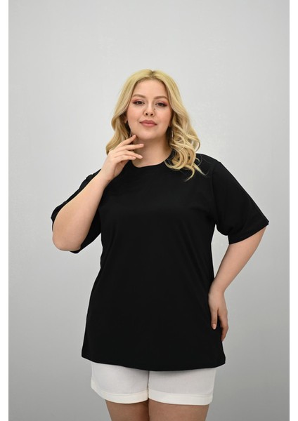 Kadın Büyük Beden Kısa Kollu Bisiklet Yaka Oversize T-Shirt 1963-25 fiyatları
