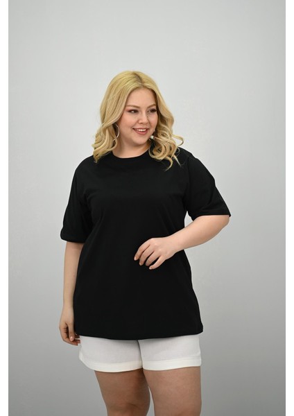 Kadın Büyük Beden Kısa Kollu Bisiklet Yaka Oversize T-Shirt 1963-25 modelleri