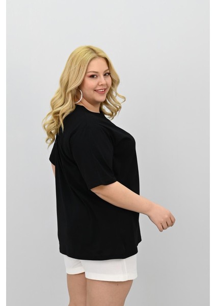 Kadın Büyük Beden Kısa Kollu Bisiklet Yaka Oversize T-Shirt 1963-25 indirimleri