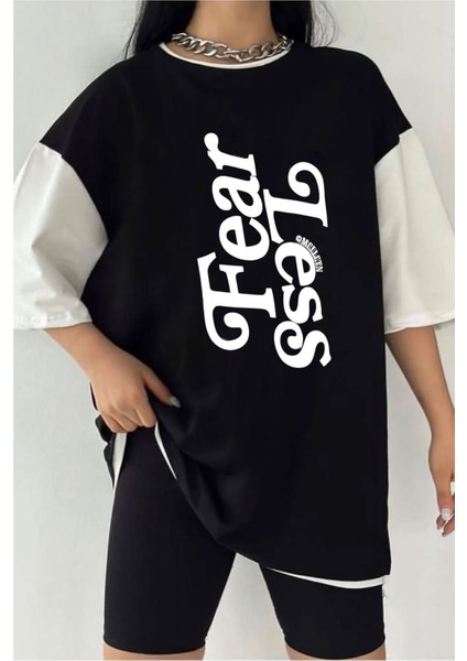 Çift Renk Fear Less Baskılı Tshirt
