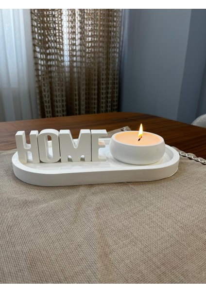 Dekoratif "home" Yazılı 3'lü Mum Seti, Orta Sehpa Objeleri, Taş Tozu Biblo