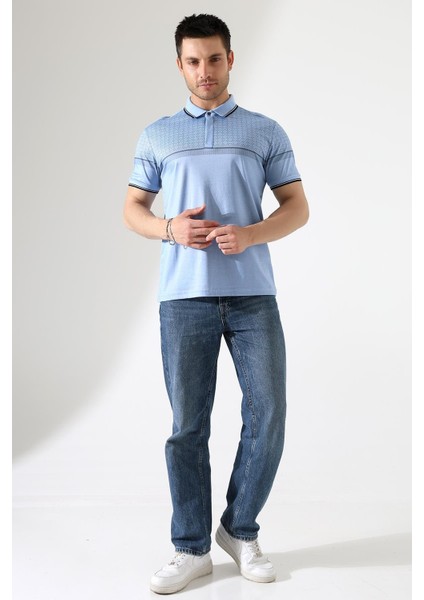 Fermuar Detaylı Desenli Pamuklu Polo Yaka T-Shirt