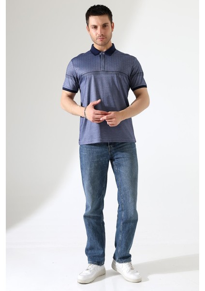 Fermuar Detaylı Desenli Pamuklu Polo Yaka T-Shirt