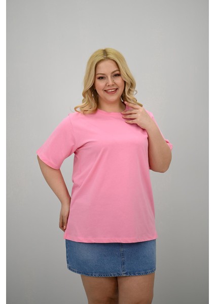 Kadın Büyük Beden Kısa Kollu Bisiklet Yaka Oversize T-Shirt 1963-25