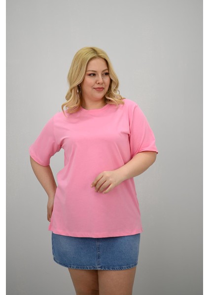 Kadın Büyük Beden Kısa Kollu Bisiklet Yaka Oversize T-Shirt 1963-25 fiyatları