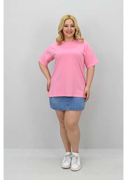 Kadın Büyük Beden Kısa Kollu Bisiklet Yaka Oversize T-Shirt 1963-25 modelleri